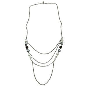 Silver Multilayered Necklace With Pearlescent & Metallic Beads 40" READ